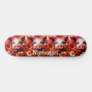 Impressionistic Pig Red Poppy Flowers Personalized Skateboard
