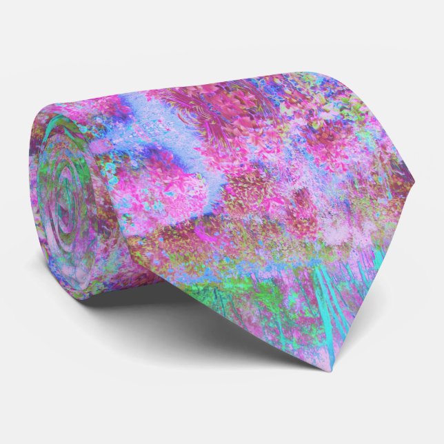 Impressionistic Pink and Turquoise Abstract Garden Tie (Rolled)