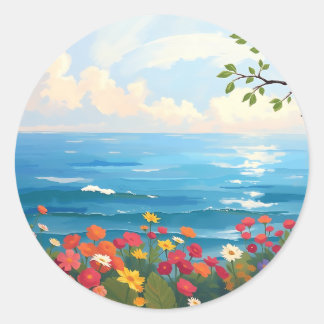 Impressionistic Seascape with Blooming Garden Classic Round Sticker