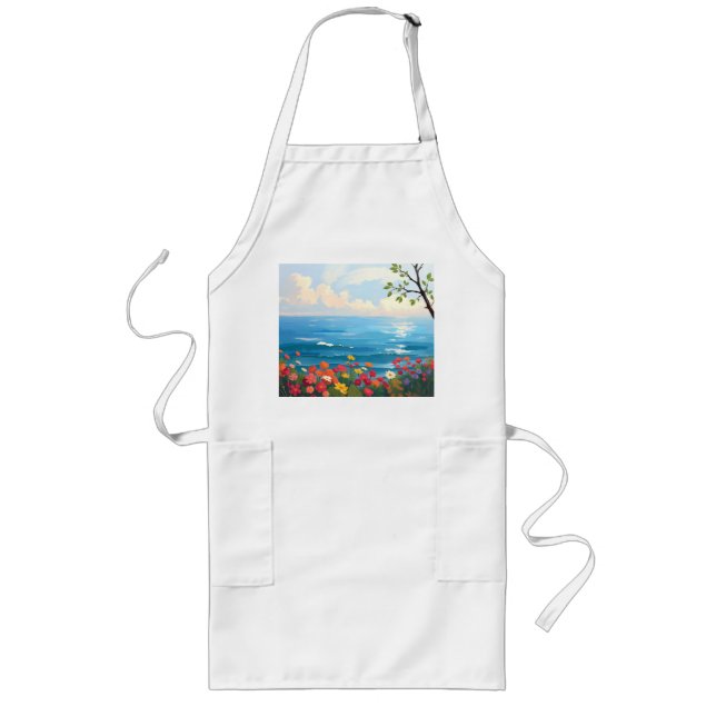 Impressionistic Seascape with Blooming Garden Long Apron (Front)