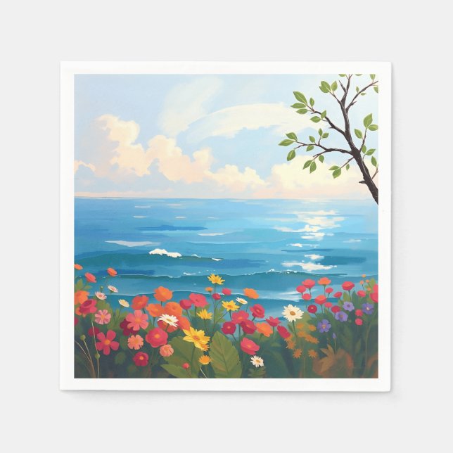 Impressionistic Seascape with Blooming Garden Napkin (Front)
