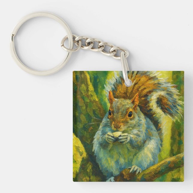 Impressionistic Squirrel in Forest Foliage Key Ring (Front)