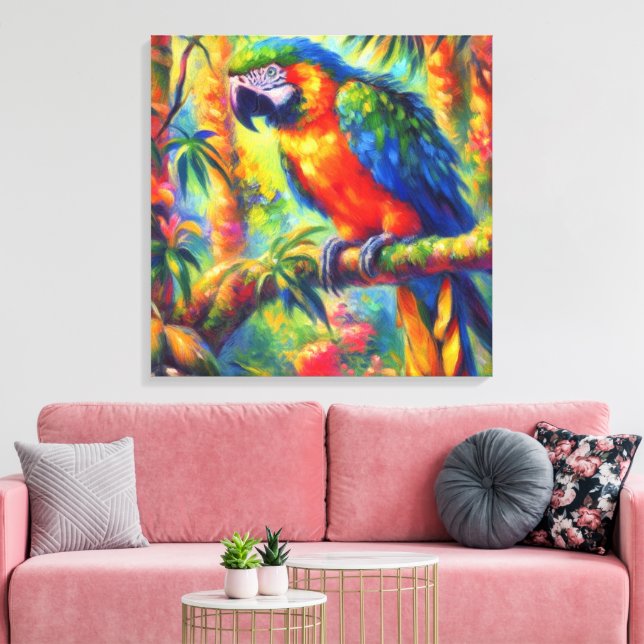 Impressionistic Tropical Parrot Bird Blue Green Canvas Print (Insitu(LivingRoom))