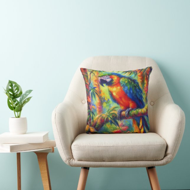 Impressionistic Tropical Parrot Bird Blue Green Cushion (Chair)