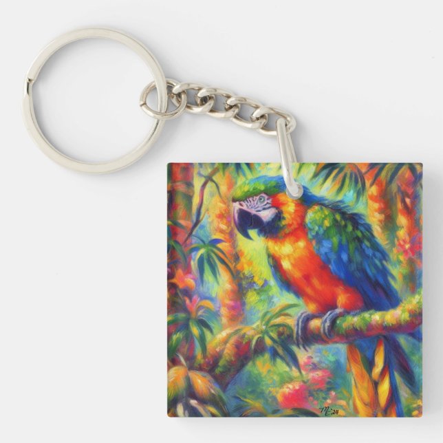 Impressionistic Tropical Parrot Bird Blue Green Key Ring (Front)