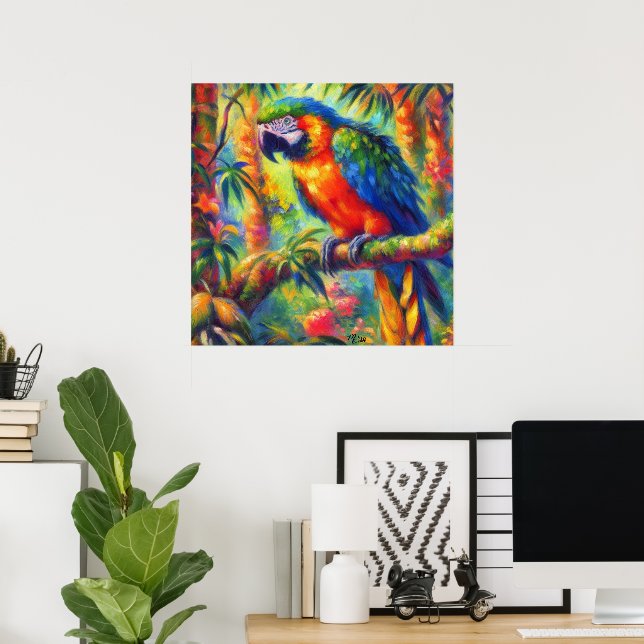 Impressionistic Tropical Parrot Bird Blue Green Poster (Home Office)