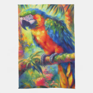 Impressionistic Tropical Parrot Bird Blue Green Tea Towel