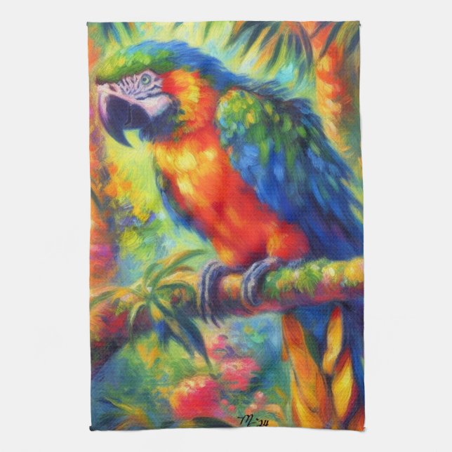 Impressionistic Tropical Parrot Bird Blue Green Tea Towel (Vertical)