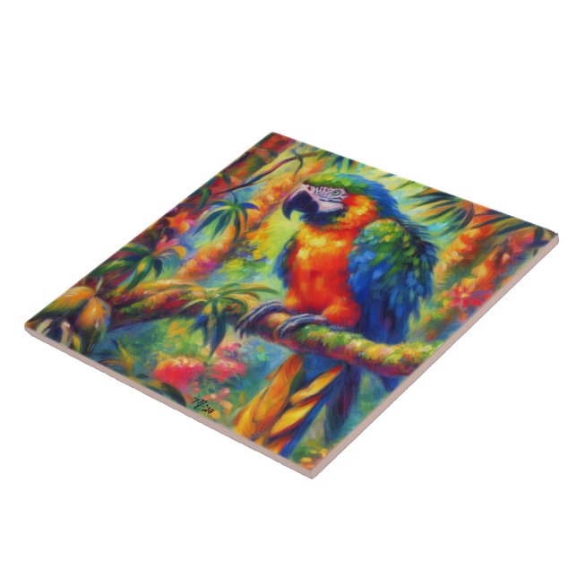 Impressionistic Tropical Parrot Bird Blue Green Tile (Side)