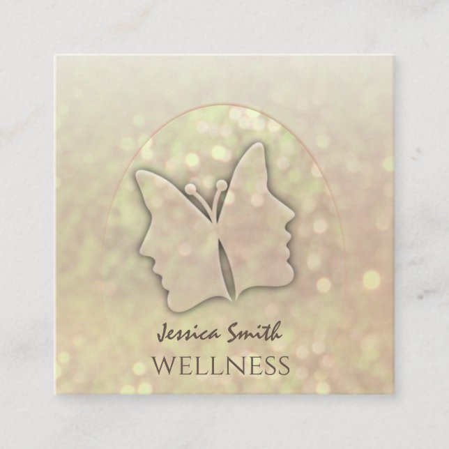 Impressive bokeh elegant girl face butterfly square business card (Front)