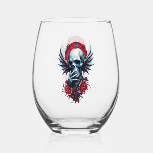 Impressive, realistic skull with wings stemless wine glass