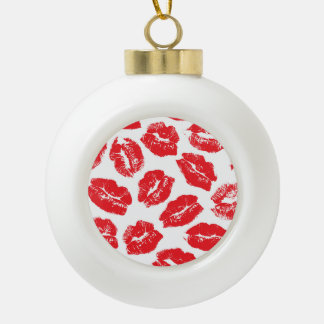 Imprint Kiss Red Lips: Vintage Seamless Ceramic Ball Christmas Ornament