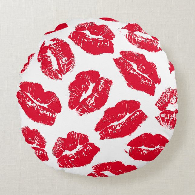 Imprint Kiss Red Lips: Vintage Seamless Round Cushion (Front)