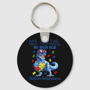 In April We Wear Blue Autism Awareness Dinosaur T- Key Ring
