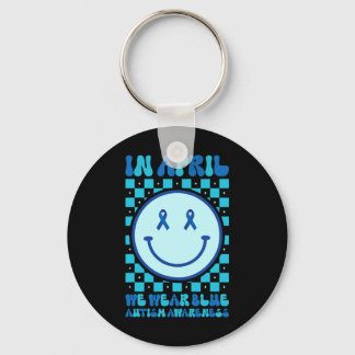 In April We Wear Blue Retro Groovy Autism Awarenes Key Ring