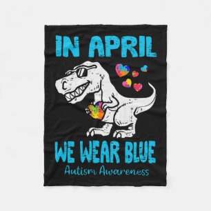In April We Wear Blue T Rex Dino By Fleece Blanket