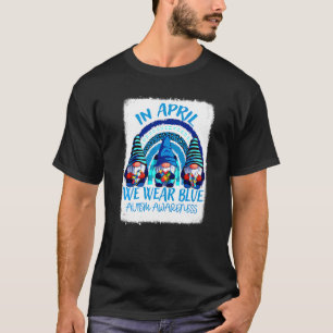 In April We Wear Blue Three Gnomes Rainbow Autism T-Shirt