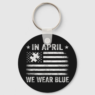 In April We Wear Blue Vintage American Flag Puzzle Key Ring