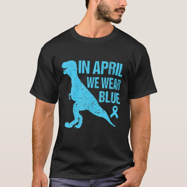 In April We Wear Dinosaur Blue Autism Awareness Ki T-Shirt (Front)