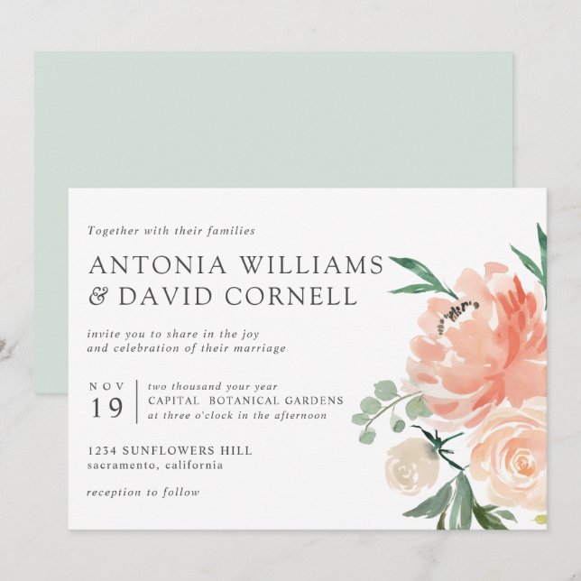 In bloom | Chic Botanical Pink Floral wedding  Inv Invitation (Front/Back)