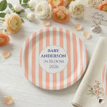 In Bloom Coral Stripe Baby Shower Personalized Paper Plate<br><div class="desc">Elevate your baby shower with these charming and customizable paper plates. Featuring timeless coral and white vertical stripes and a classic central seal with editable text, these plates are perfect for your 'In Bloom' themed celebration. The central navy text, currently featuring 'BABY ANDERSON IN BLOOM 2026' as a guide, can...</div>