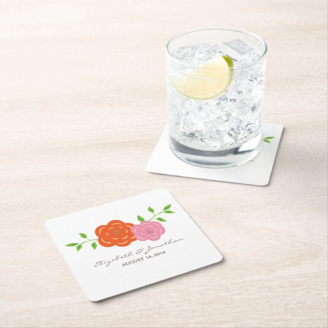 In Bloom Orange Pink Floral Paper Coasters (Insitu)