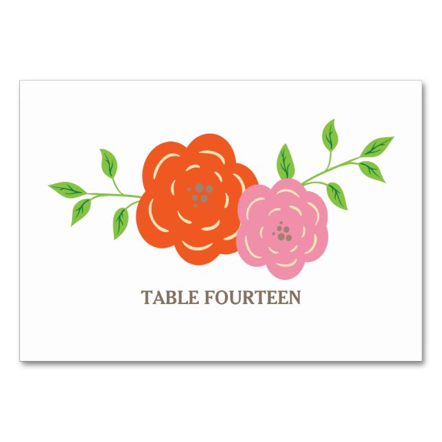 In Bloom Orange Pink Floral Wedding Table Card (Front)