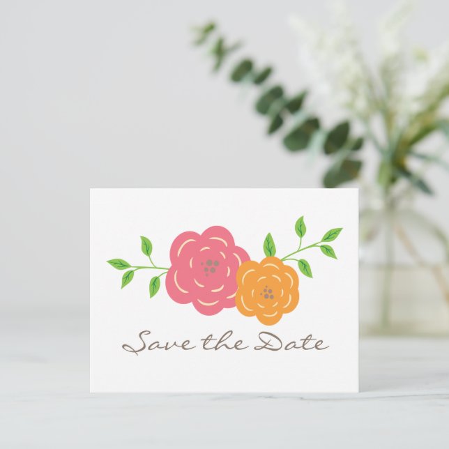 In Bloom Red Orange Floral Save the Date Postcard (Standing Front)