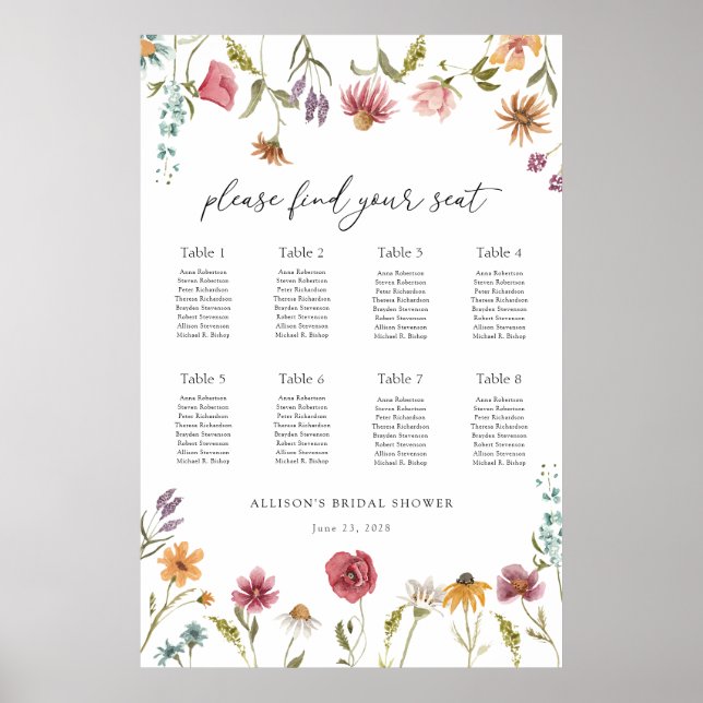 In Bloom Wildflower Bridal Shower Seating Chart (Front)