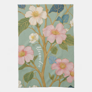 In Blossom: Pastel Branch with Pink Flowers Tea Towel