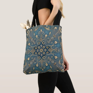 in blue tote bag
