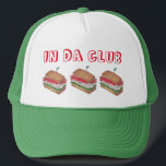 In Da Club Turkey Club Sandwich Funny Foodie Diner Trucker Hat<br><div class="desc">Features an original illustration of a turkey club sandwich,  with IN DA CLUB in a fun font. Great for your favourite foodie. 

This design is also available on other products. Don't see what you're looking for? Need help with customisation? Contact Rebecca to have something designed just for you.</div>