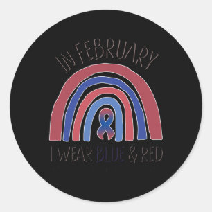 In February I Wear Blue &amp; Red Heart Disease Aw Classic Round Sticker