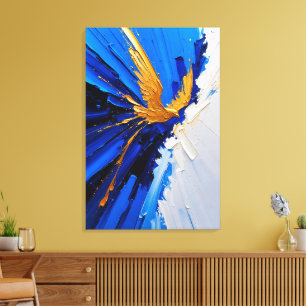 In Flight Golden Bird Blue Gold Abstract Impasto Canvas Print