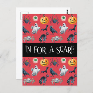 "In for a Scare" Red Halloween Pattern Postcard