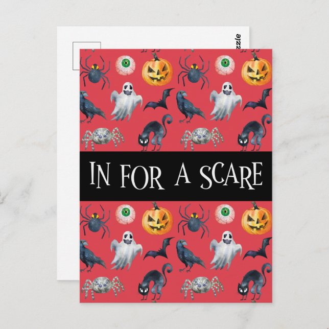 "In for a Scare" Red Halloween Pattern Postcard (Front/Back)