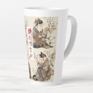 "In Full Bloom" Japanese Cat in Kimono Art Latte Mug