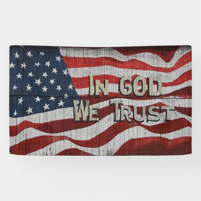 In God We Trust Rustic Barn Board American Flag Banner (Horizontal)