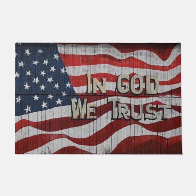 In God We Trust Rustic Barn Board American Flag Doormat (Front)