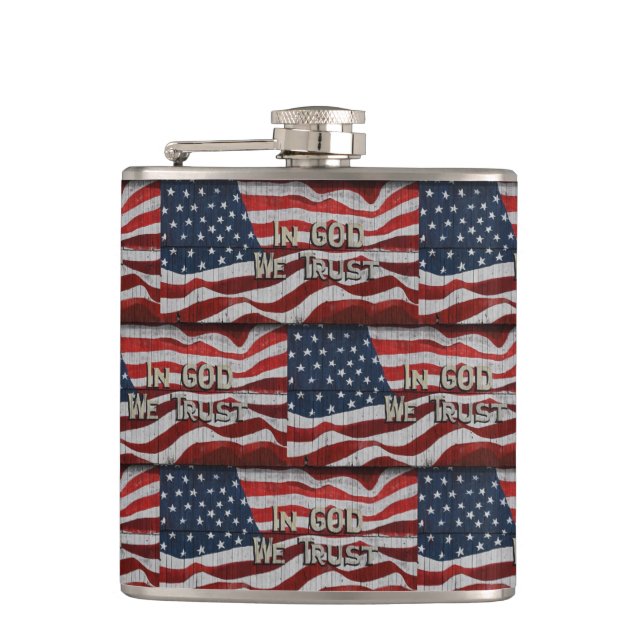 In God We Trust Rustic Barn Board American Flag Hip Flask (Front)