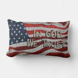 In God We Trust Rustic Barn Board American Flag Lumbar Cushion