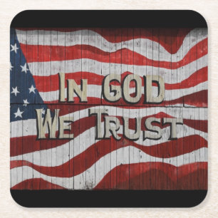In God We Trust Rustic Barn Board American Flag Square Paper Coaster