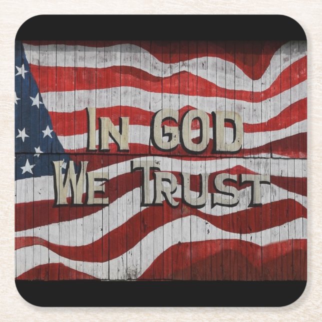 In God We Trust Rustic Barn Board American Flag Square Paper Coaster (Front)