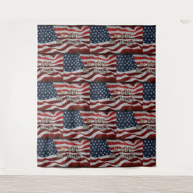 In God We Trust Rustic Barn Board American Flag Tapestry (Front)