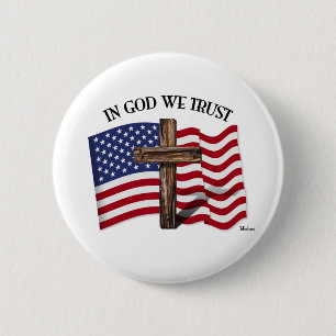 In God We Trust with rugged cross and US flag 6 Cm Round Badge