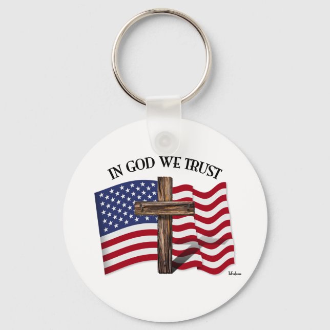 In God We Trust with rugged cross and US flag Key Ring (Front)