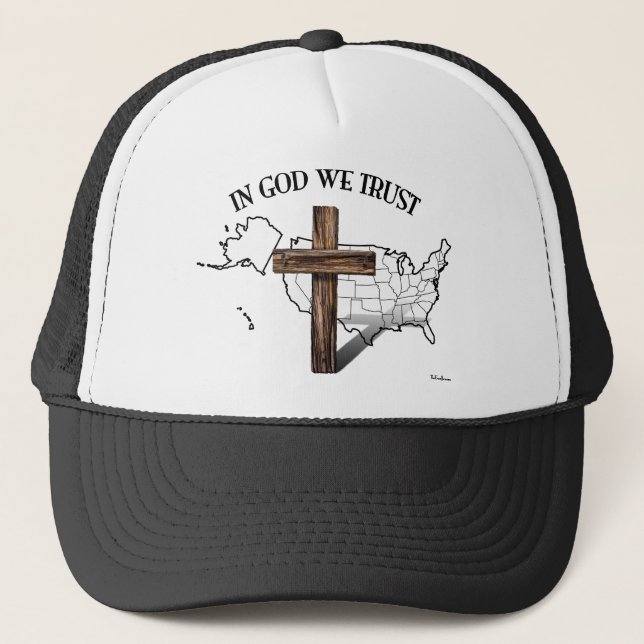 In God We Trust with rugged cross and US outline Trucker Hat (Front)
