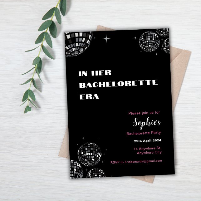 In Her Era Bachelorette Party Invitation (In her Bachelorette Era Invitation with Disco Balls and Black and Pink colours.)