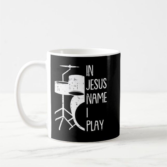 In Jesus Name Christmas Cool I Play Drum Christian Coffee Mug (Left)