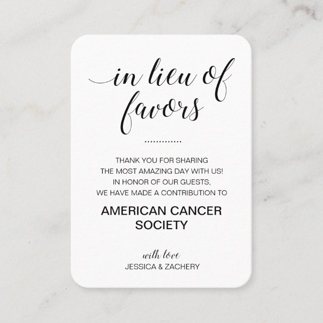 In Lieu Of Favours Charity Donate Black Wedding Place Card (Front)